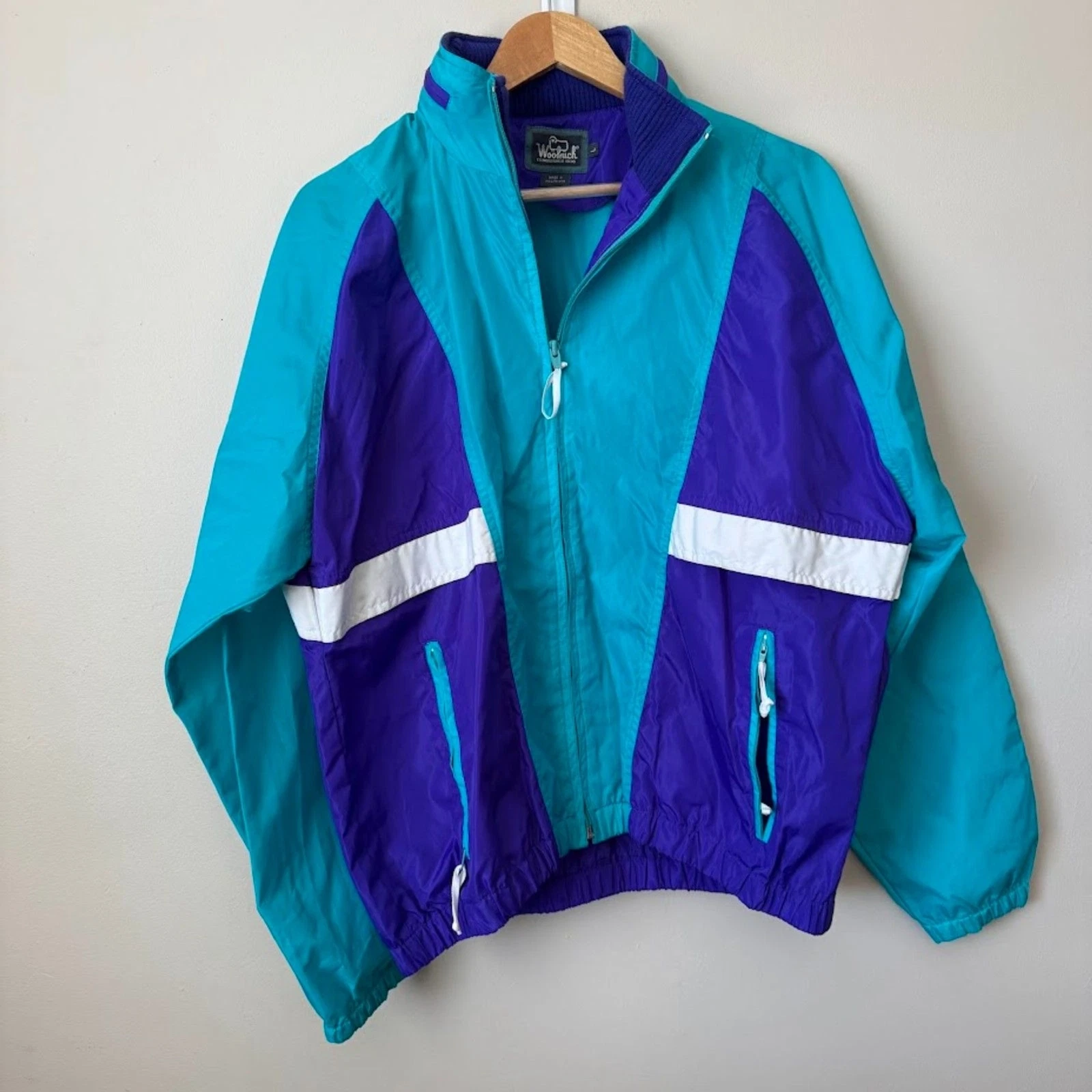 Vintage Woolrich Jacket Mens Large Teal Blue Full Zip Hooded Lightweight