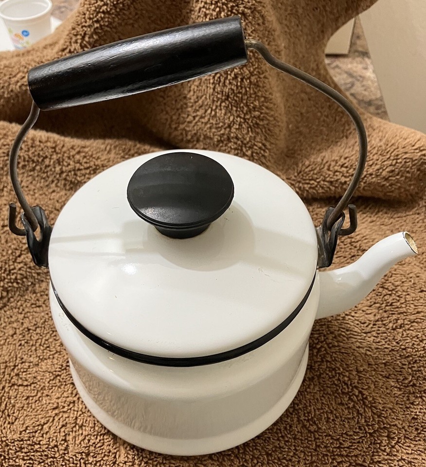 Vintage White Enamel Tea Coffee Pot Kettle With Black Hardware Handle