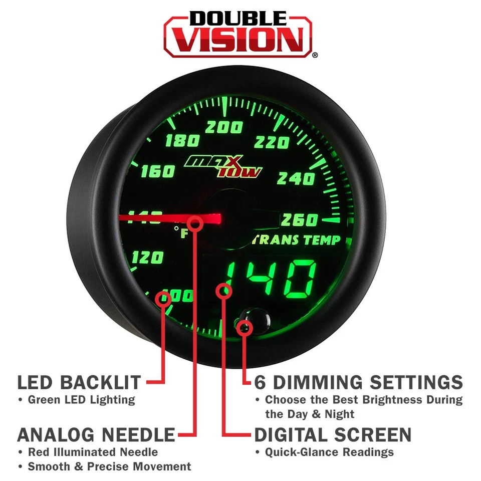 52mm MAXTOW DOUBLE VISION DIESEL TRANSMISSION TEMP GAUGE- GREEN DIGITAL + ANALOG - Image 4 of 4