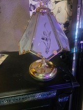 Vintage 3-Way Touch Table Lamp Brass Tone Floral Glass Panel Shade Working