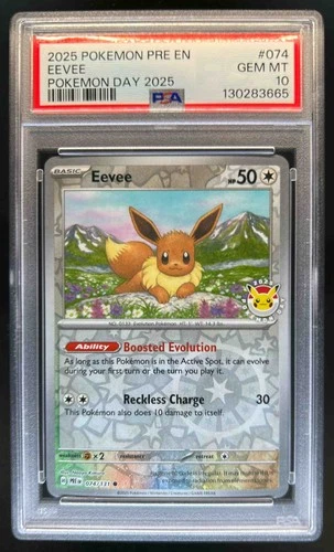 2025 Pokemon Prismatic Evolutions Eevee Reverse Holo Day Stamp #074/131 PSA 10