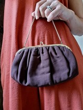 Vintage HL USA Brown Fabric Evening Bag Purse Gold Frame Chain Handle