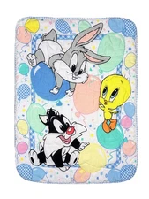 Vtg Baby Looney Tunes Baby Blanket Tweety Sylvester Bugs Crib Nursery Quilted
