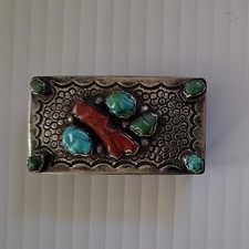 Collectible Silver Zuni Belt Buckle With Carved Turquoise And Coral