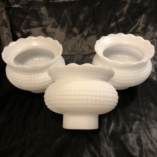 Vintage Hobnail Ruffled Milk Glass Ceiling Lamp Light Shade 3” Fitter (set of 3)