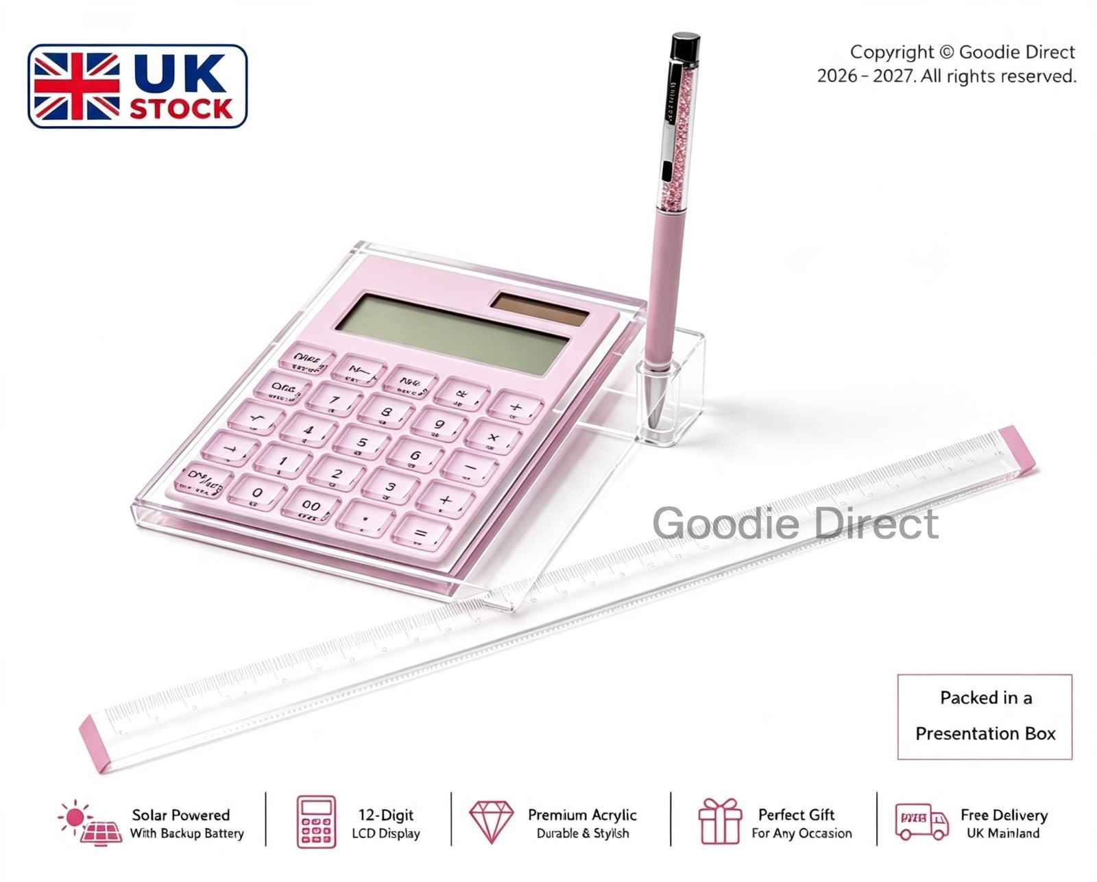 Pink Acrylic Solar Calculator Set w/ Ruler Stand & Pen -Desk Office - Gift Boxed