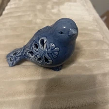 Blue Ceramic Bird Finch Perforated Figurine Cutouts Pottery Decor