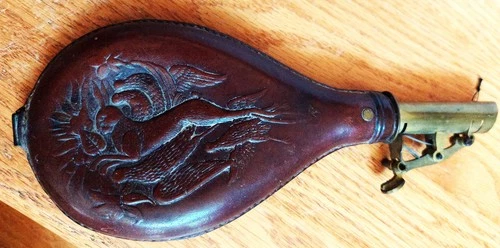 Vtg AM Flask & Cap Co. Civil War Leather Shot Flask, 3 lbs, rabbit & fowl scene