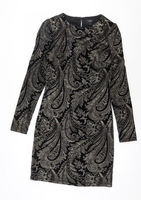 NEXT Damen schwarz Paisley Polyester Etuikleid Größe 8 Rundhalsausschnitt Knopf