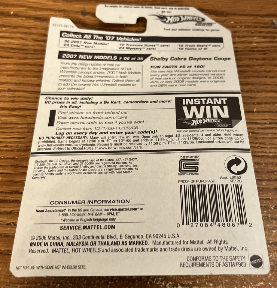 Hot Wheels #006 '07 2007 nuevos modelos 6/36 Shelby Cobra Daytona cupé - azul B163 Foto 2 de 2