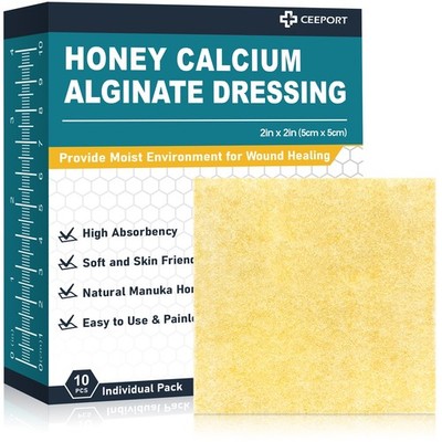 Ceeport 10 PCS Manuka Honey Calcium Alginate Dressing 2''x2'', Wound Care Bandages