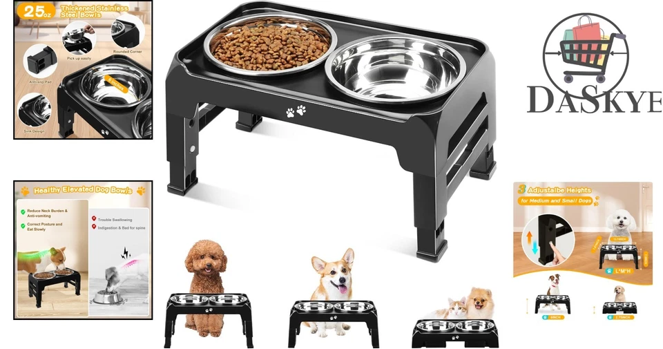 Soporte de cuenco ajustable en altura para perros con 2 cuencos duraderos de acero inoxidable en negro Foto 2 de 4