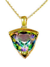 10K Real Yellow Gold Mystic Topaz Trillion with Diamond Accent Necklace