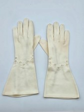 Vintage White Stretch Fabric Gloves Lace eyelets Embroidered extra small XS