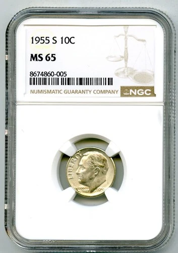 1955 S 10C ROOSEVELT SILVER UNCIRCULATED DIME - NGC MS65 COIN - FROSTY