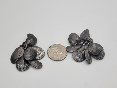 Vintage NAPIER Eugene Bertolli Clam Sea Shell Dangle Silver Tone Clip Earrings - Picture 8 of 9