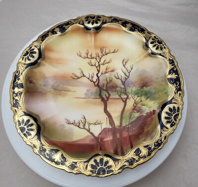 RARE Antique 19th Century Nippon Winter Scene Raised Gold Rim Plate 9 1/2in-READ