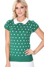 YEMAK Women's Polka Dot Contrast Collar Short Sleeve Casual Sweater MK3673 S-L 