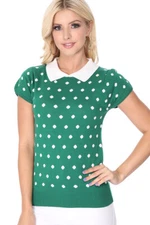 YEMAK Women's Polka Dot Contrast Collar Short Sleeve Casual Sweater MK3673 (S-L)