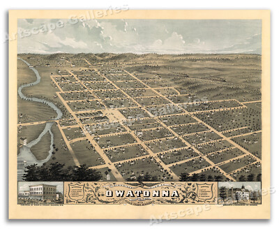 Owatonna Minnesota 1870 Historic Panoramic Town Map - 20x24