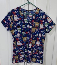 Cassandra O Women  s Christmas Scrub Top Size Medium. Santa Rudolph Snow Man