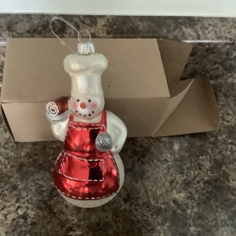Vintage Glass Figural Snowman (Snow Woman) Chef Baker Cook Ornament w Whisk