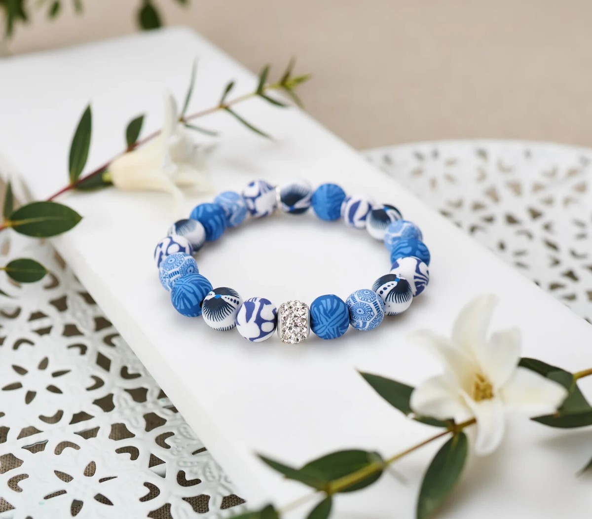 NEW JILZARAH Handmade Clay Beads SANTORINI BLUE WHITE Crystal Bead