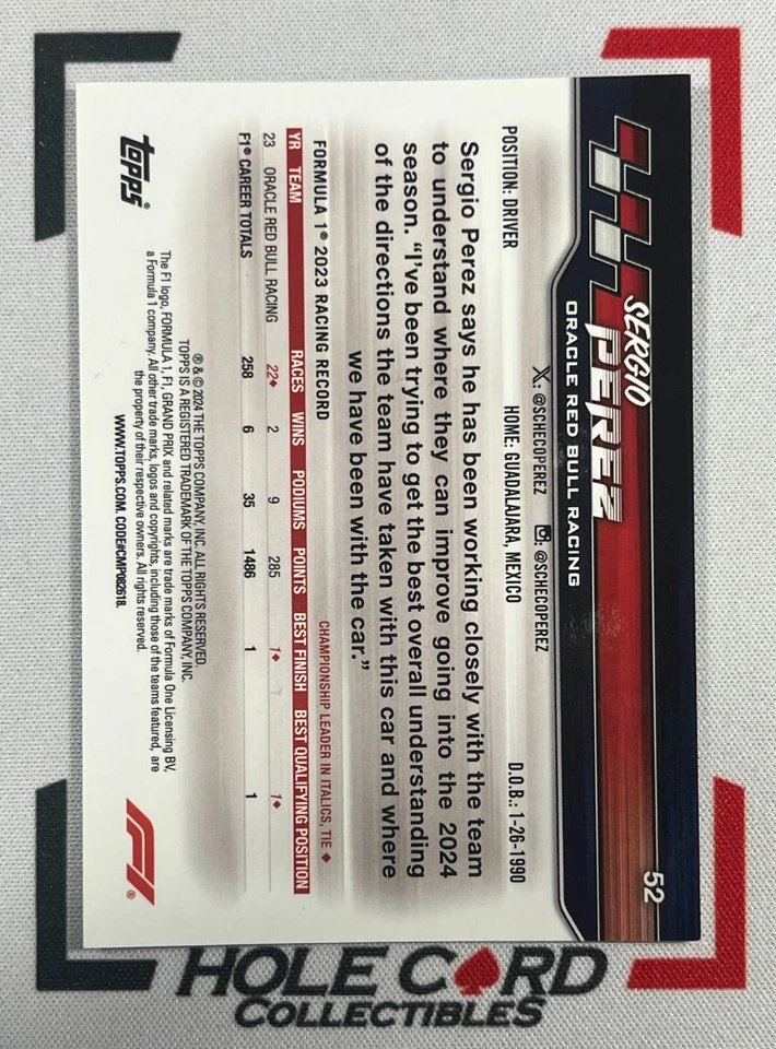 SERGIO PEREZ 2024 Topps Paddock Pass Formula 1 F1 #52 Purple Refractor 39/75 - Image 2 of 2