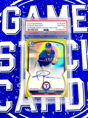 2023 Bowman Chrome Kumar Rocker YELLOW AUTO # d /75 RANGERS Autograph  