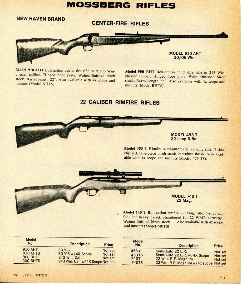 1979 Print Ad of Mossberg New Haven Brand Model 910AHT 453T 740T