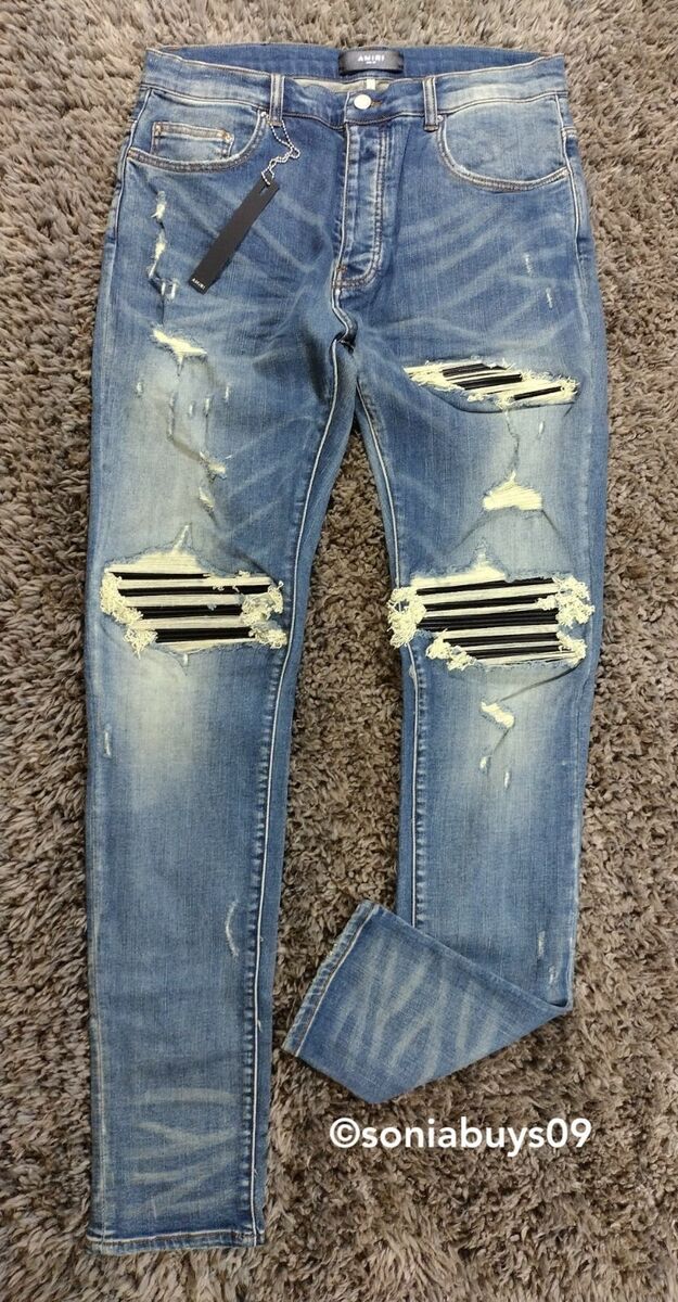 Amiri Men's Distressed Leather Knee MX1 Jeans, Blue, Size 34 Amiri Men's Distressed Leather Knee MX1 Jeans, Blue, Size 34