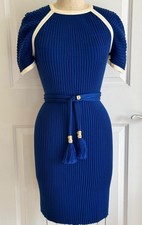 CHANEL 18C PARIS GREECE BLUE ECRU GOLD BELTED RIBBED KNIT DRESS 44