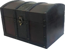 Handcrafted Wood & Leather Treasure Chest Box Decorative Storage Chest with Lock