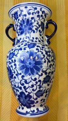 Vtg MCM Blue & White Porcelain Vase  Flowers Design 12  Tall Bombay Chinoiserie