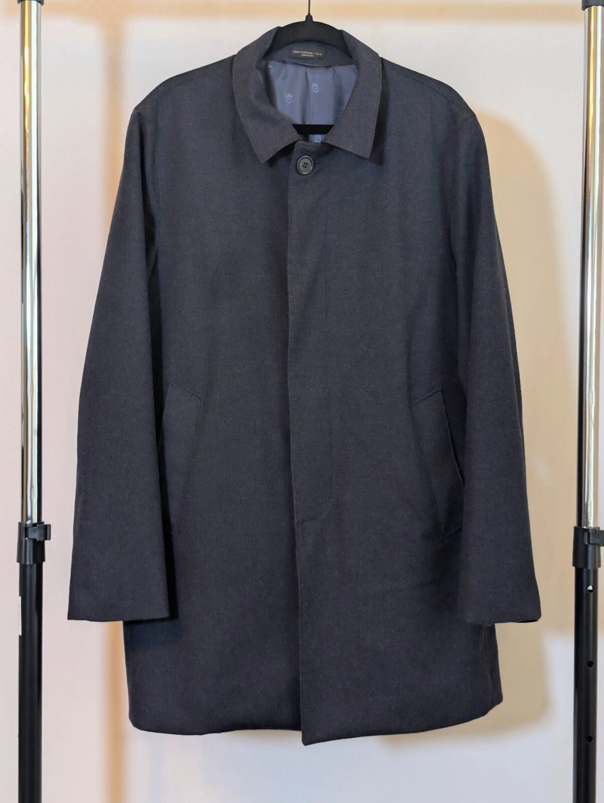 John Varvatos Single Breasted Wool Blend Trench Coat Mens 42R Navy Old Money - product detail image 1