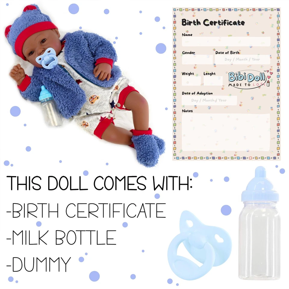 Black Baby Doll Ethnic Reborn Boy 20" Blue Outfit Realistic Toys Kids BiBi Doll - Image 3 of 4