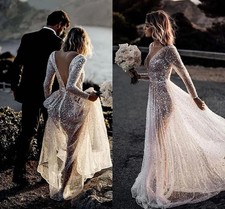 Sparkling Sequin Beach Bohemian Wedding Dress V-neck Long Sleeved Bridal Gown