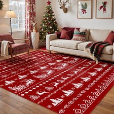 5x7 Christmas Area Rug Red Washable Kitchen Carpet Xmas Elk Holiday Decor Ind...