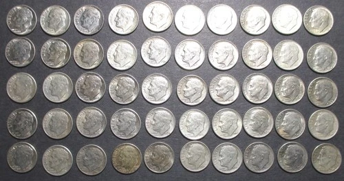 Roll 50 Silver Roosevelt Dimes Mixed Dates 1946-1959, 3.618 Troy Ounces Some Unc