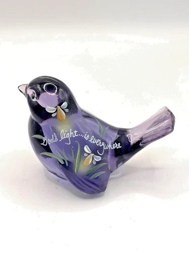 Fenton Hand Painted Purple Glass Bird Figurine Artist Signed