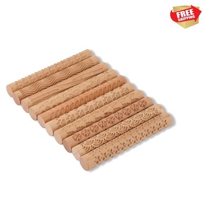 Set of 10 Wooden Handle Pottery Tools Clay Modeling Pattern Rollers Kit Brown...