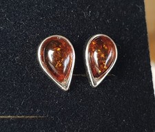 SCHMUCK-STCK OHRRINGE 925 SILBER BERNSTEIN  STECKER Cabochon Tropfen braun