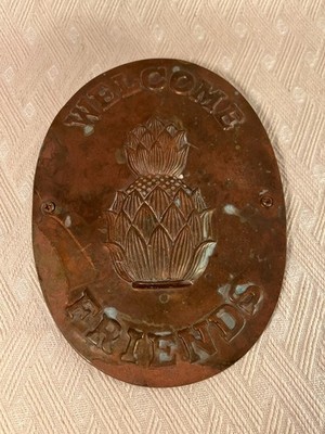 Vintage Solid Brass  Welcome Friends  Plaque Wall Mount 9  Upper Deck 1988