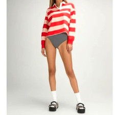 Wild Fable Women's Sports Club Red Tan Stripe Rugby Polo Size XXS NWT