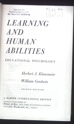 Learning and Human Abilities, Educational Psychology. Klausmeier, Herbert J. and