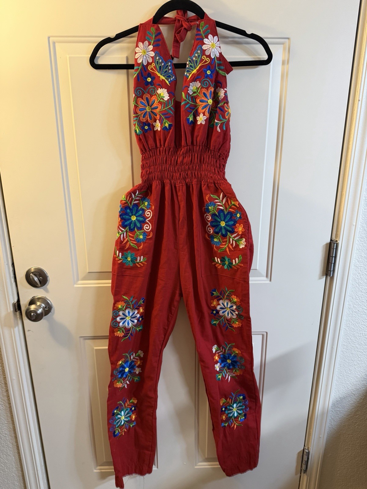 Vintage Mexican Embroidered Floral Halter Jumpsuit Womens Medium Boho Festival