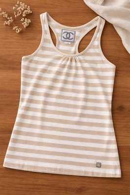 CHANEL Tanktop 38 S Beige Weiß Streifen CC Logo Top Shirt 100% Baumwolle Italy