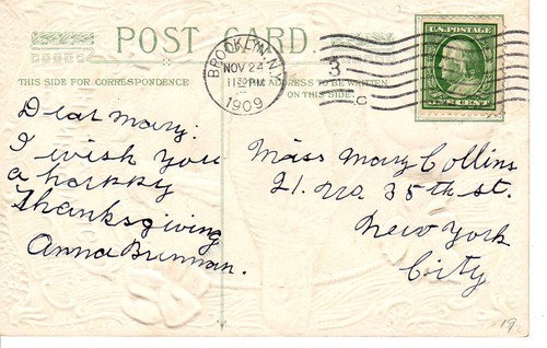 Postal de colección 1909 Post Brooklyn NY Thanksgiving Joys Squash dos arte de pavo - Imagen 2 de 2