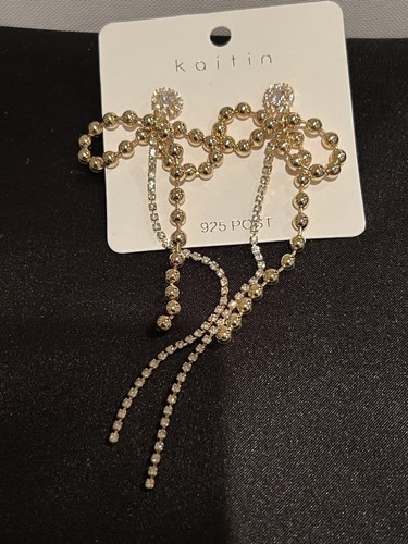 Golden Beads Long CZ Bow Earrings S925 Post Drop - Picture 2 of 3