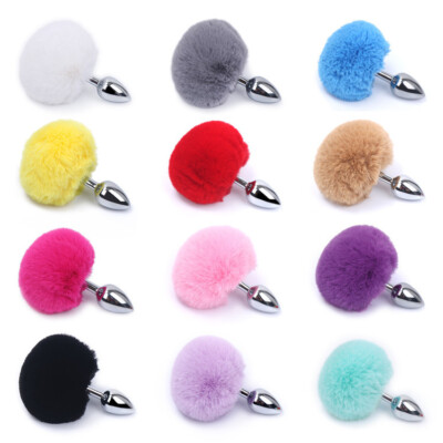Cute Metal Plush Bunny Ball Tail Plug Stopper Stainless Steel Plug Faux Fur